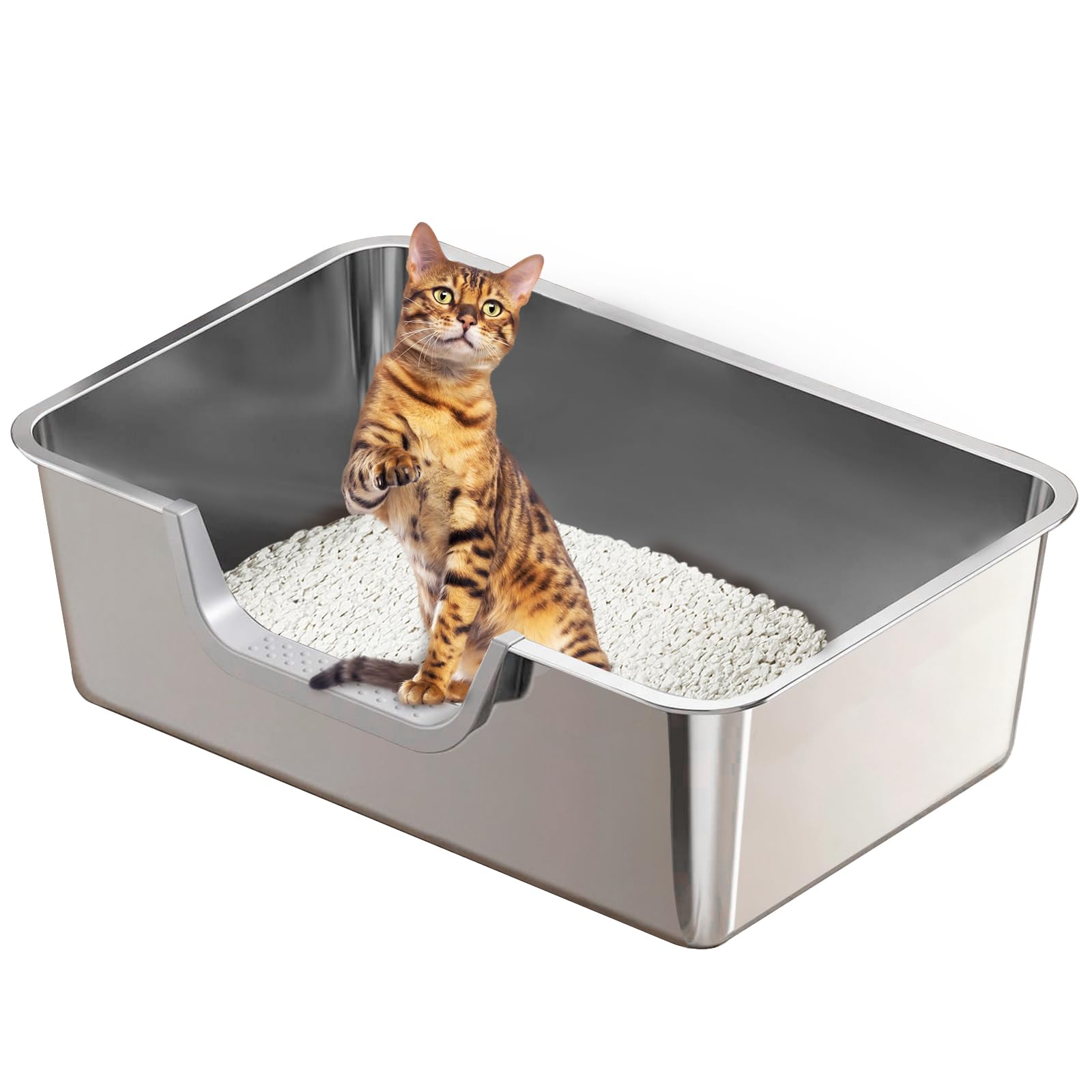 Tondid Stainless Steel Cat Litter Box, Steel Litter Pan with Curved Low Entry, Leak Proof 6 Inch High Side for Urine, Easy Entry