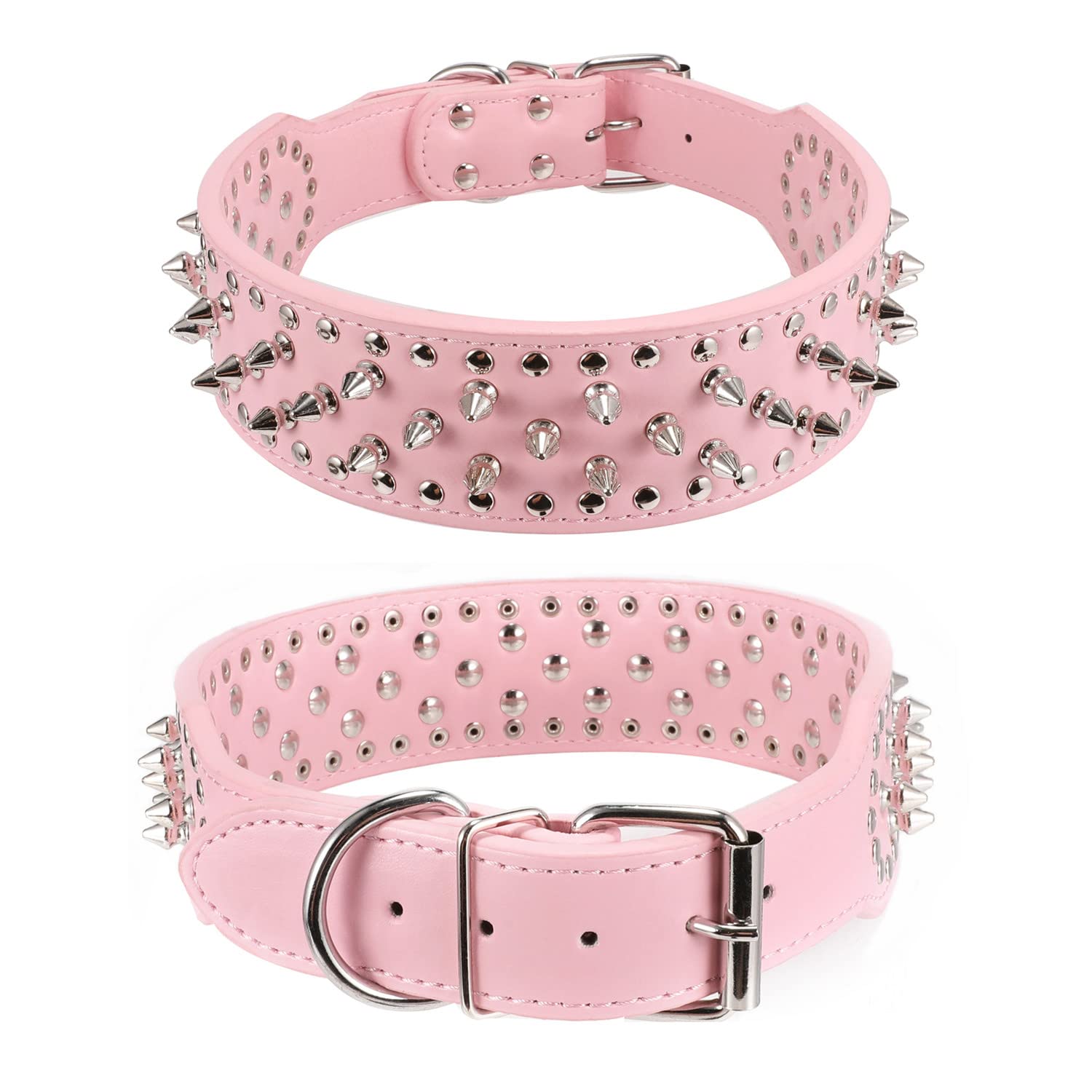 Btdcfy Hoot Pu Leather Adjustable Spiked Studded Dog Collar 2 Wide 37 Spikes (M(Neck 19-22), Pink)