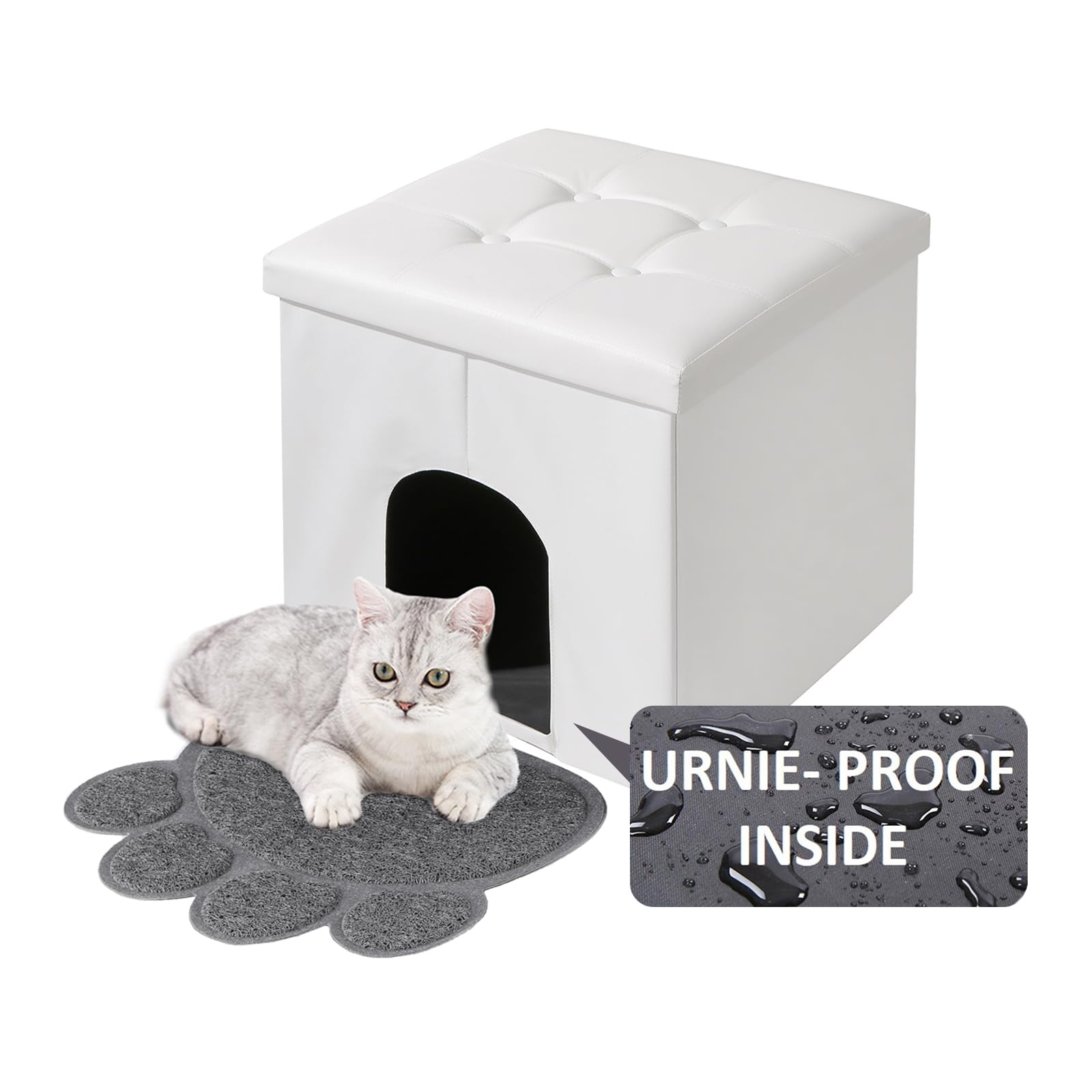 Meexpaws Cat Litter Box Enclosure Furniture Hidden, Small Cat Washroom Bench Storage Cabinet 20'' X 20'' X 20''| Dog Proof | Waterproof Inside | Easy Clean | Easy Assembly | Odor Control(White)