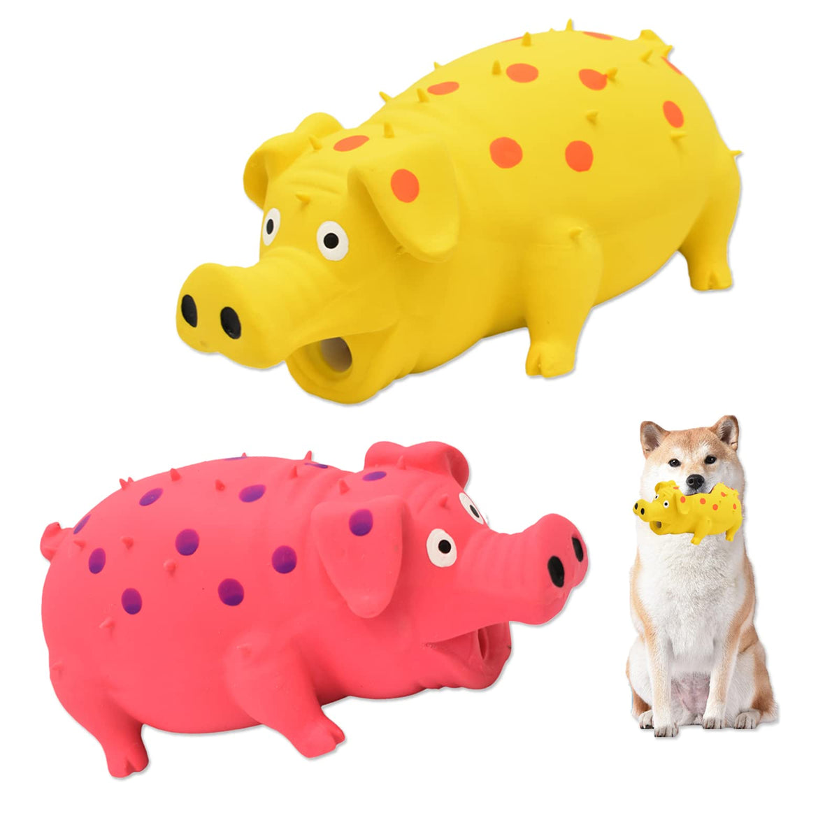 Hchyey Pig Squeaky Dog Toy, 2 Pcs Interactive Rubber Pig Dog Chew Toy - Durable Latex Spot Grunting Pig Dog Toys That Oink For Small Medium Large Dogs (Yellow, Pink)