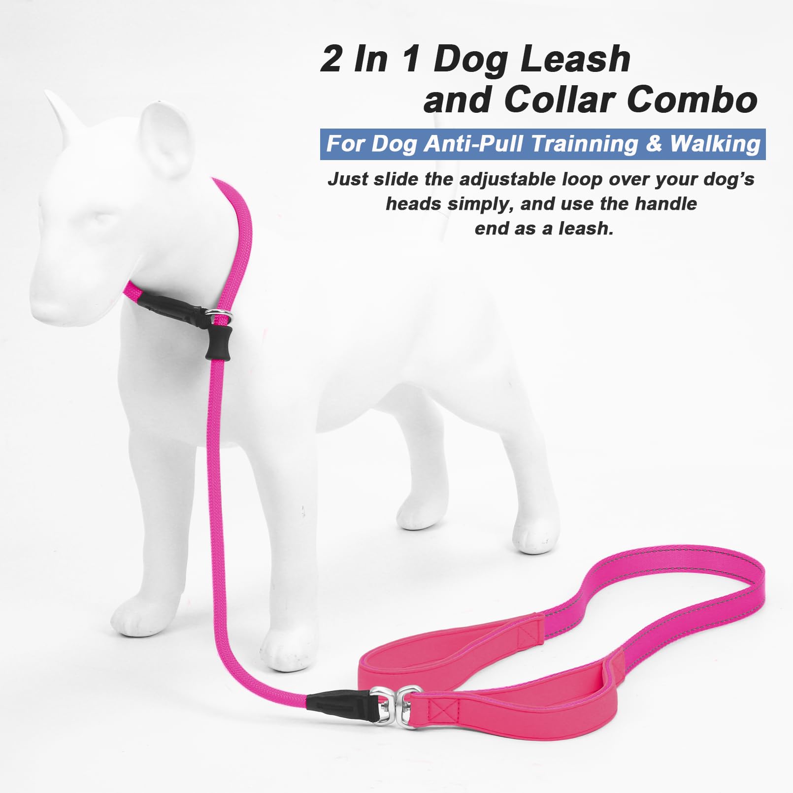 Slip Lead Dog Leash With Double Handle, Reflective Dog Training Leash - 360 Swivel Anti-Tangle - Heavy Duty Nylon - Medium, Larg