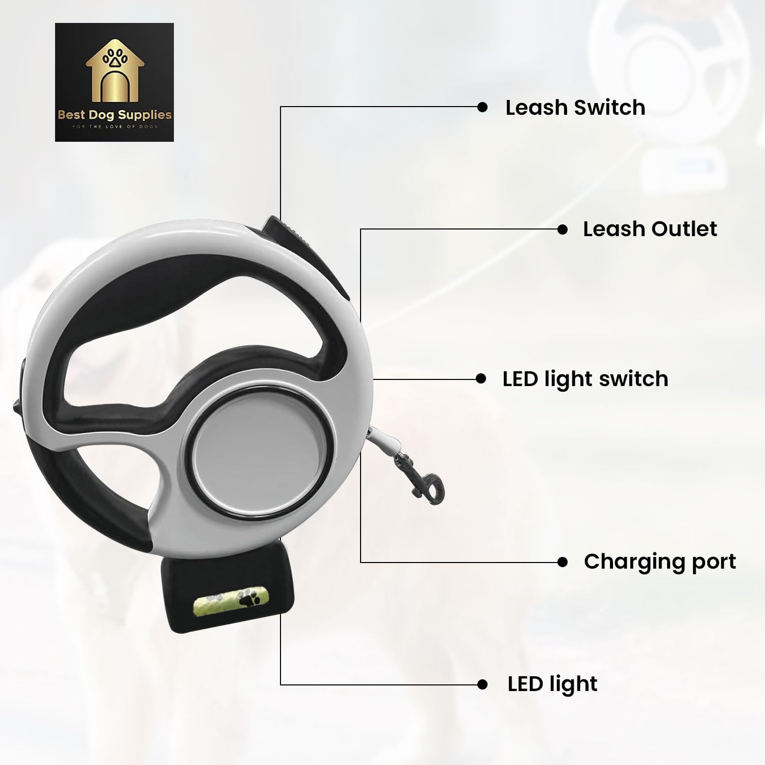 Best Dog Supplies Luxurious White&Black Led-Retractable Dog Leash 10Ft/3M - Rechargeable Pet Leash With Led Flashlight One-Hande