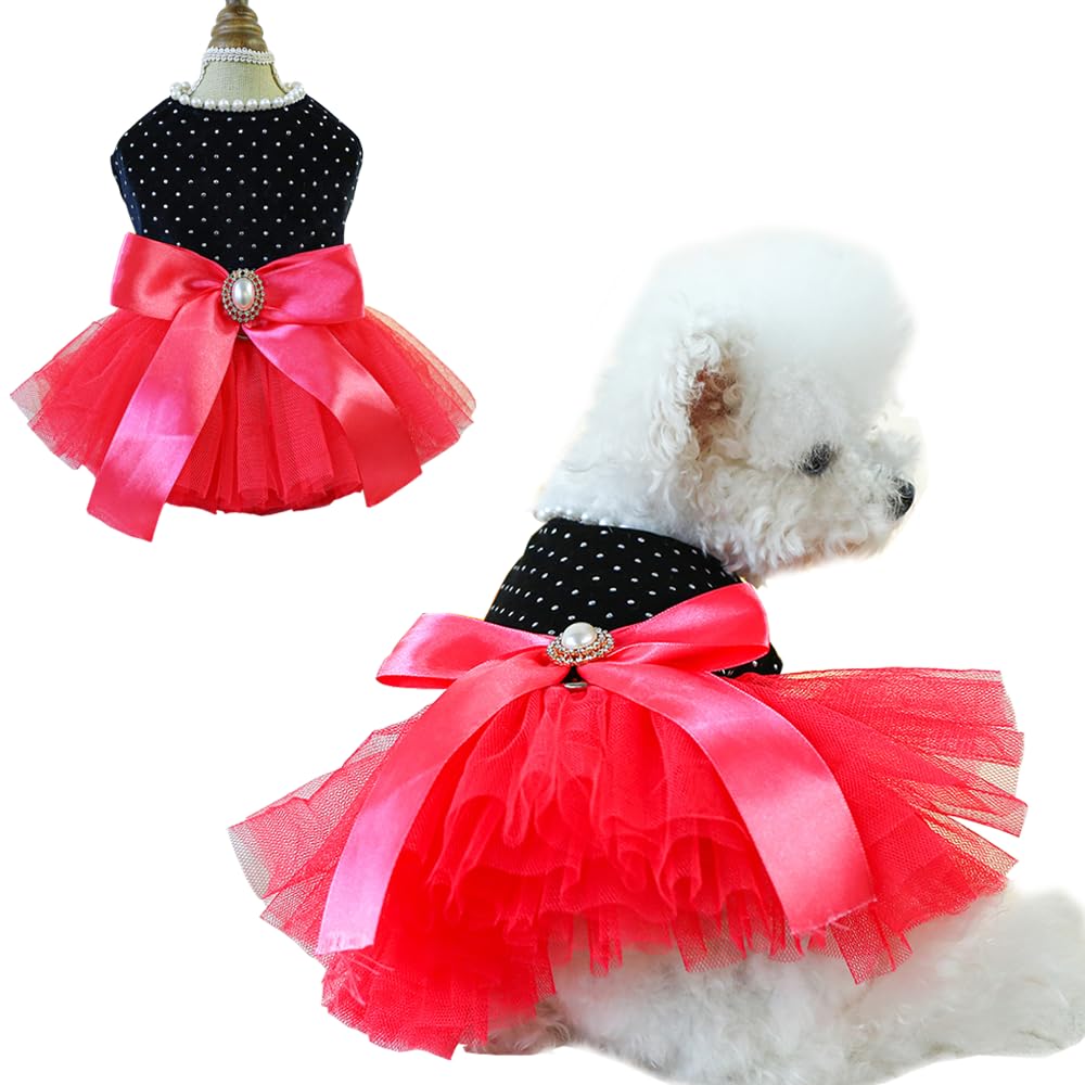 Anelekor Black Polka Dot Dog Dress With D-Ring, Puppy Wedding Attire For Small Dog Girl,Cat Birthday Outfit, Red Tutu Party Dres