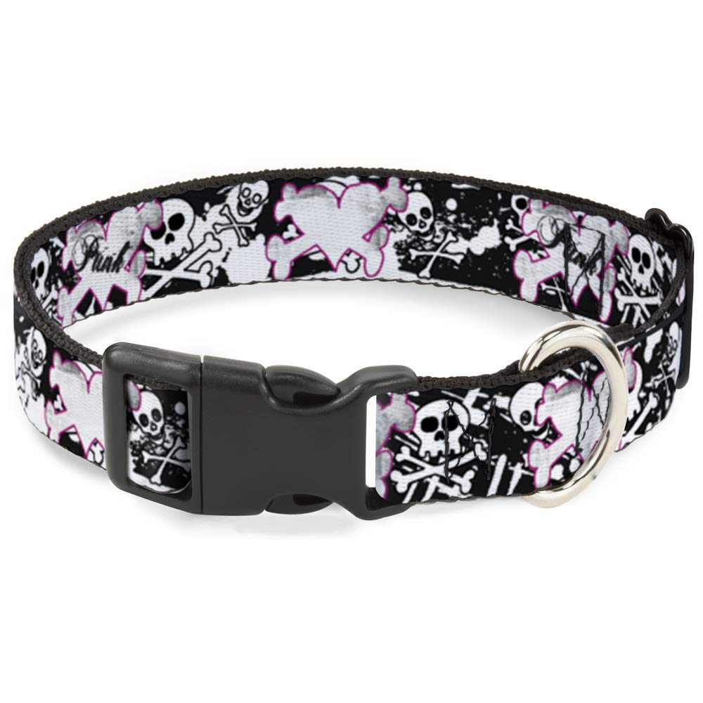 Buckle-Down 13-18 Punk Heart & Cross Bones with Skulls & Splatter Black/White Plastic Clip Collar, Wide Small