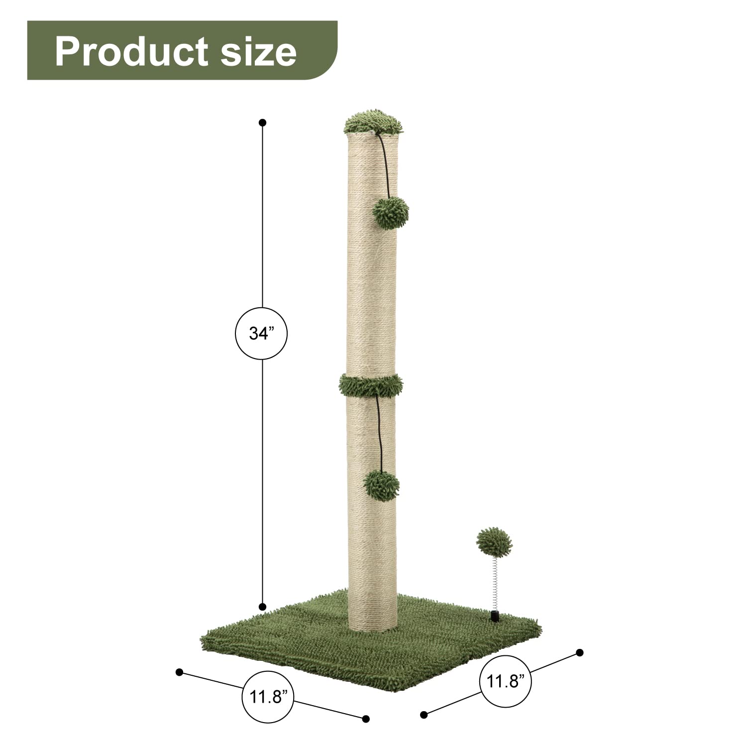 Mecool 34“ Tall Cat Scratching Post Premium Basics Kitten Scratcher Sisal Scratch Posts Trees With Hanging Ball For Indoor Cats (34 Inches For Adult Cats, Cactus Green)