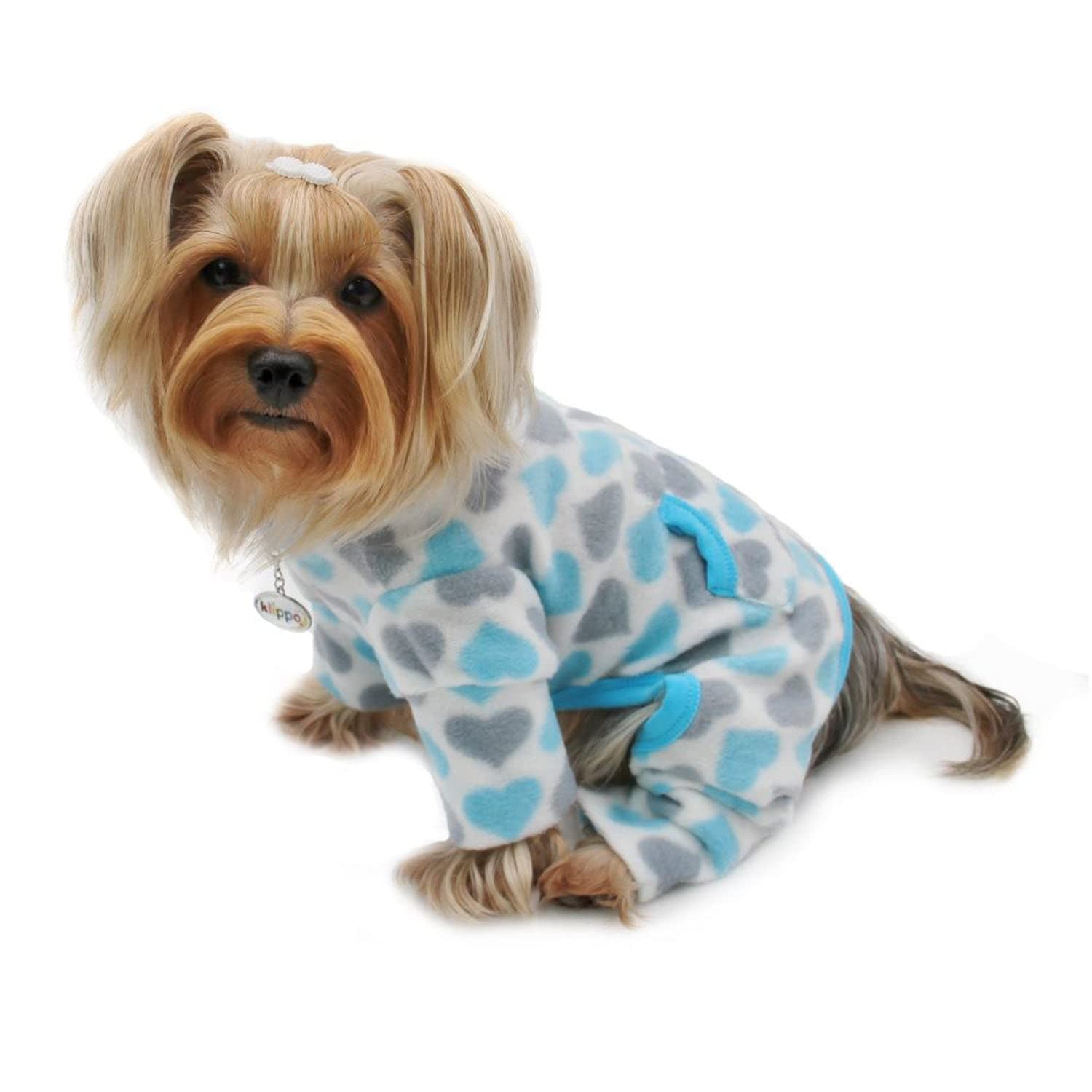 Klippo Dog/Puppy Blue & Grey Hearts Fleece Turtleneck Pajamas/Bodysuit/Loungewear/Coverall/Jumper/Romper For Small Breeds (Xl)