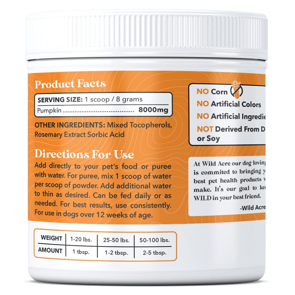Wild Acre Pumpkin Powder for Dogs - No More Diarrhea or Scoots! - Digestive Puree Treat or Food Topper - Fiber Supplement for Do