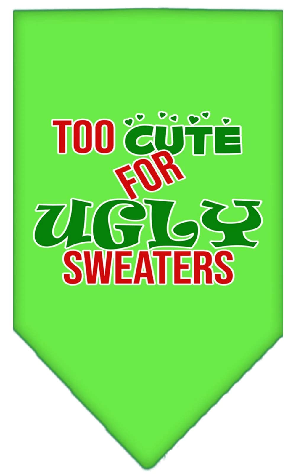 Christmas Pet and Dog Bandana Screen Printed, &quot;Too Cute For Ugly Sweaters&quot; Lime Green Large