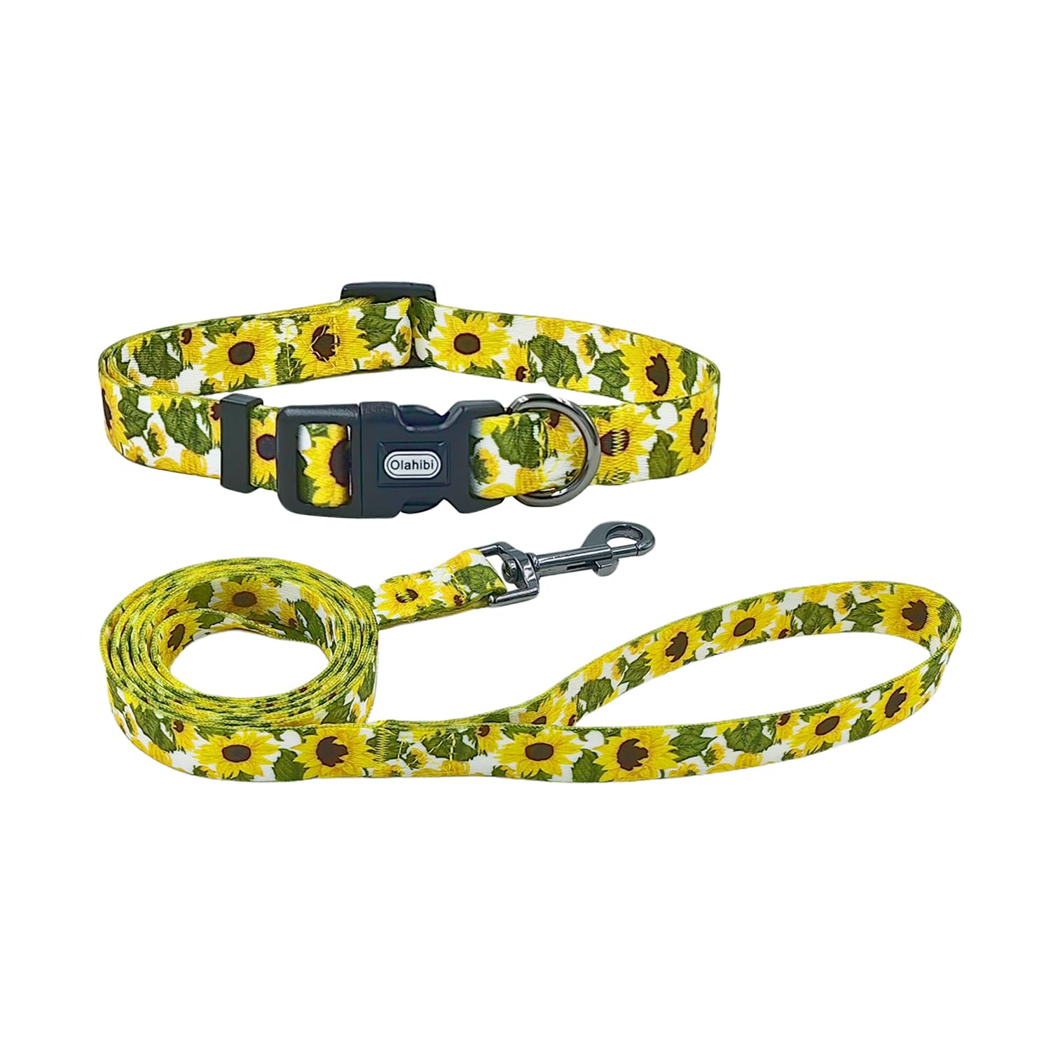 Olahibi Dog Collar Leash Set, Floral Pattern, 5Ft Matching Leash, Polyester Material, 4 For Small Medium Large Dogs.(M, Sunflowe