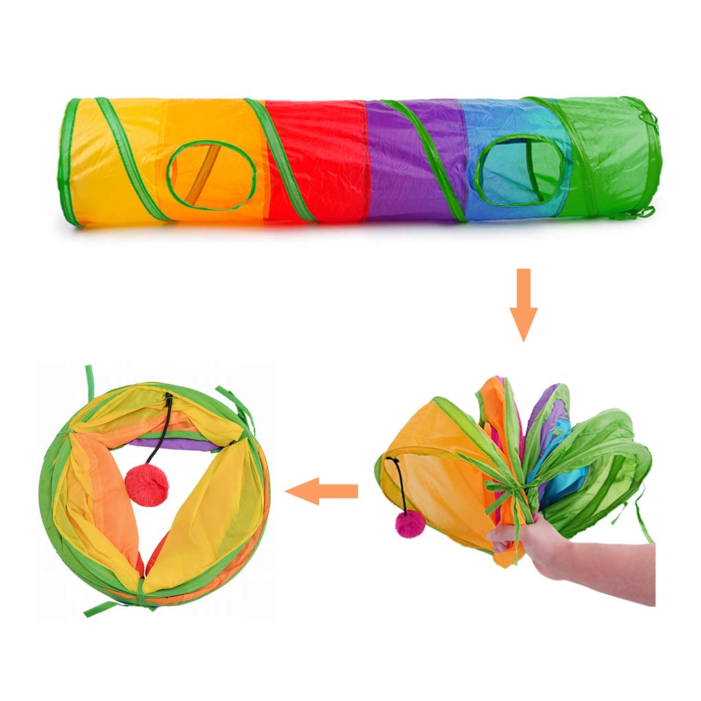 Andiker Cat Tunnel for Indoor Cats, 45  Long Rainbow Collapsible Kitten Tube with a Fun Ball and 2 Holes Cat Play Tunnel, Rabbit