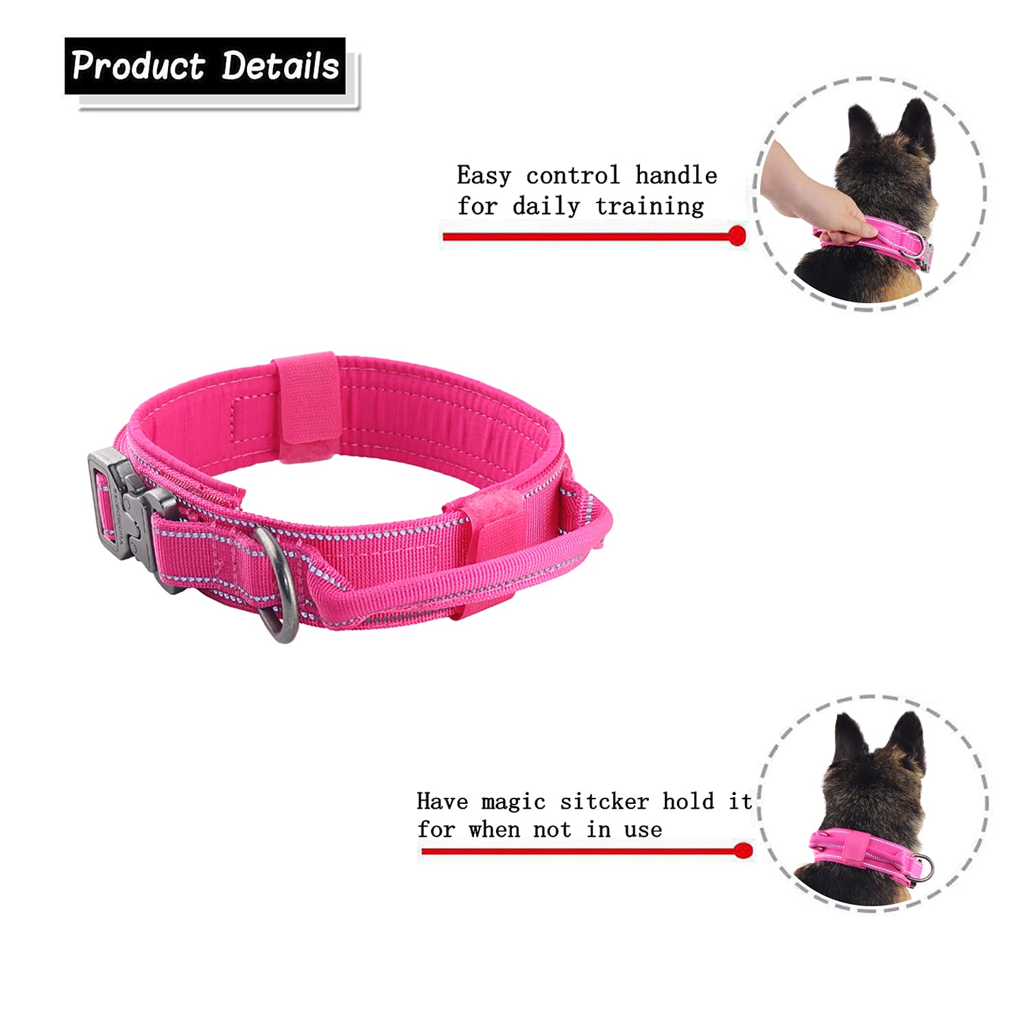 Yunleparks Tactical Dog Collar Reflective Nylon Dog Collar with Metal Buckle and Control Handle for Medium Large Dogs(Large,Pink