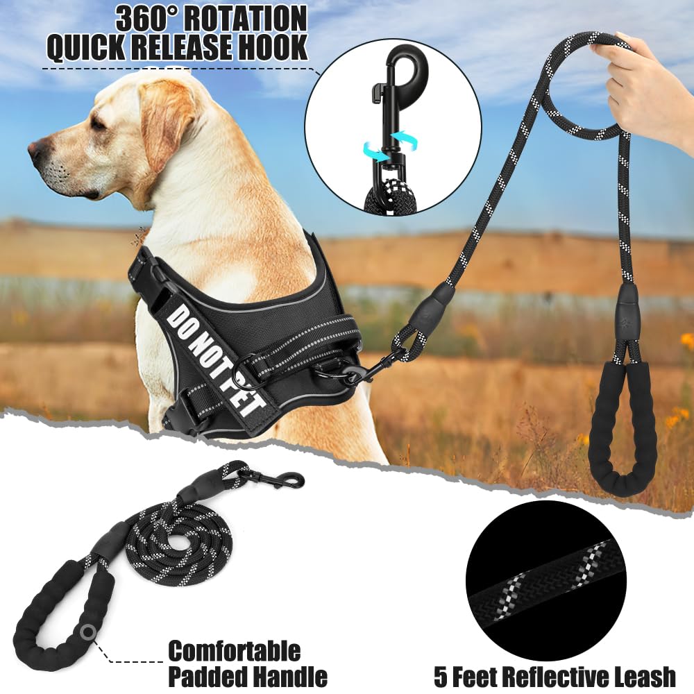 Dog Vest Harness and Leash Set, Animire Reflective Service Dog Vest with 10 Patches, 3 Rings No Choke Pet Vest for Leash Placeme