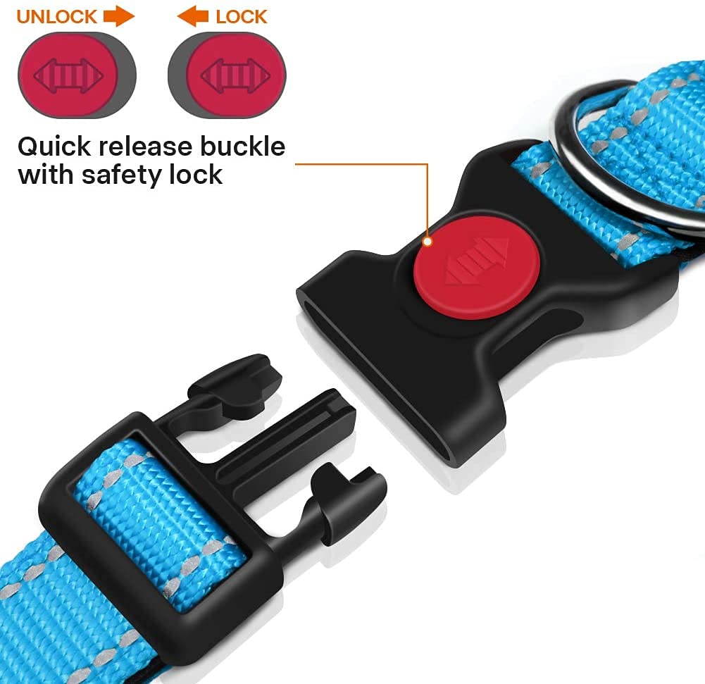 Taglory Reflective Dog Collar With Safety Locking Buckle, Adjustable Nylon Padded Pet Collars For Medium Dogs, Skyblue