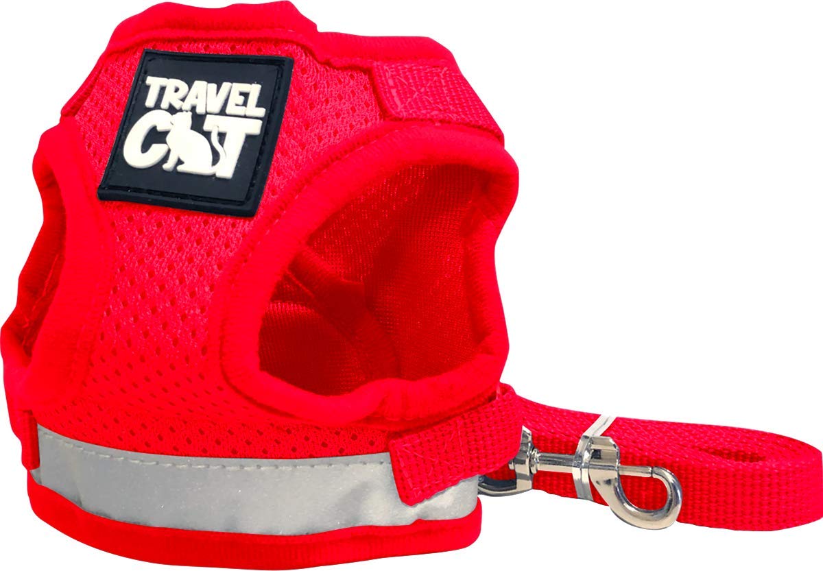 Travel Cat Harness And Leash Set - Adjustable Fit Mesh Cat Harness And Reflective Strap - Comfort Escape Proof Harness For Cats, Kitten For Outdoor Walking, Hiking (Small, Red)