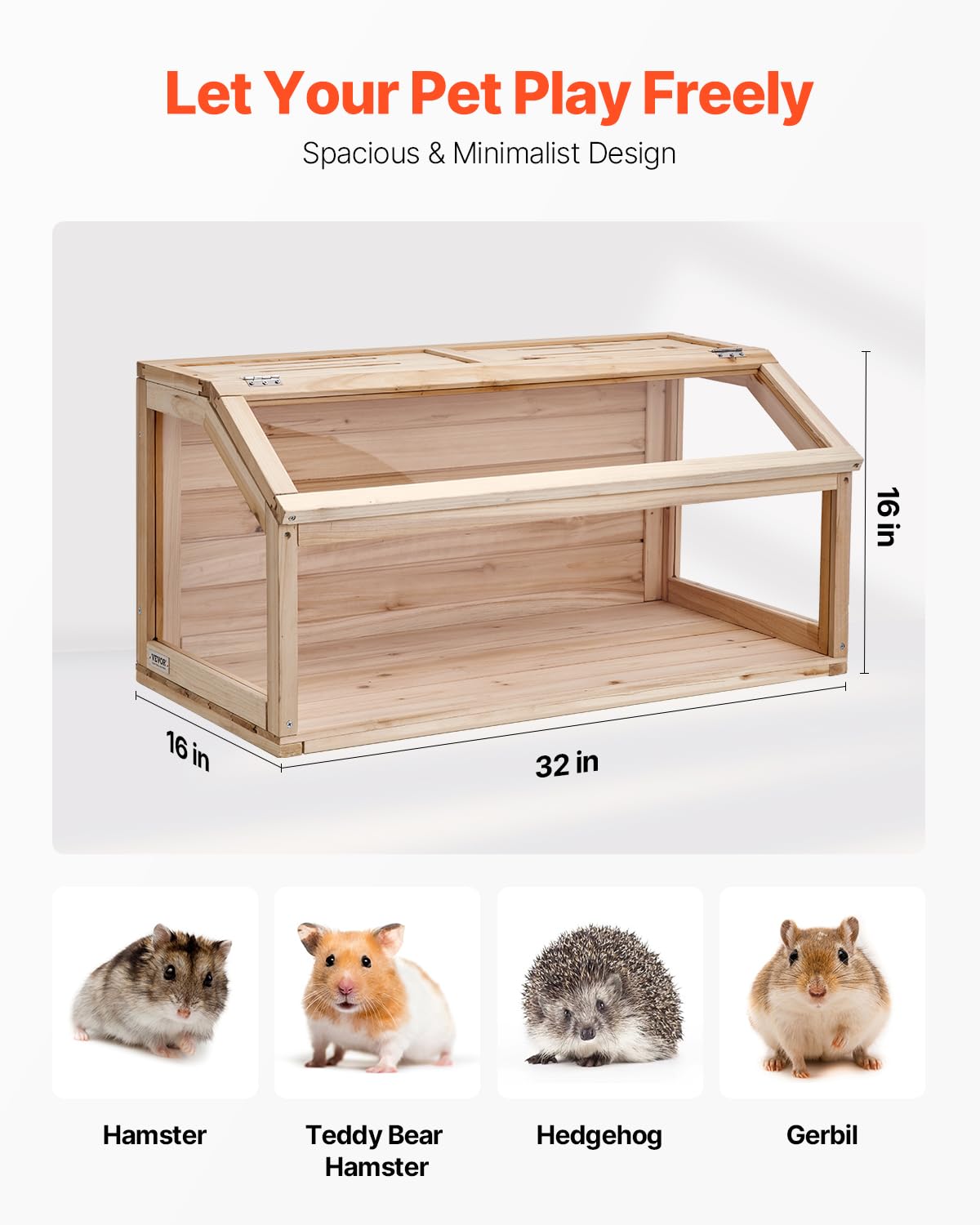 VEVOR Wooden Hamster Cage, 270 Viewing Hamster Habitat, 32 x 16 x 16 in, Dwarf Hamster Cages with Openable Top, Ventilated Small