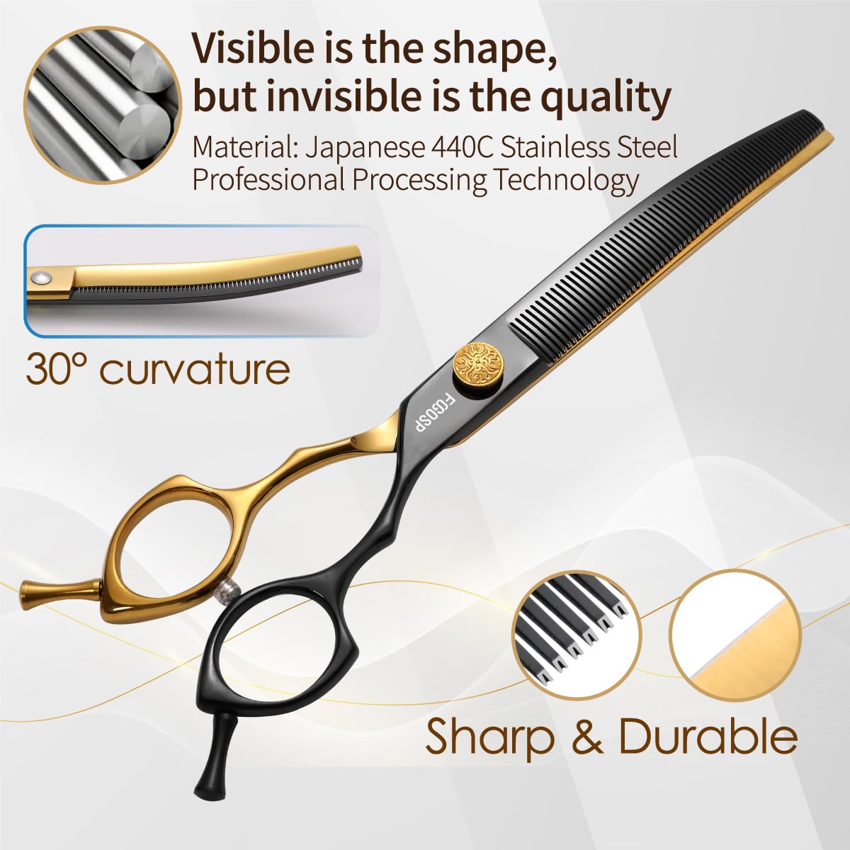 Fogosp Curved Thinning Shears Dog Grooming 7.5 In Black & Gold Two Color Multipurpose Professional Dog Grooming Scissors For Lar