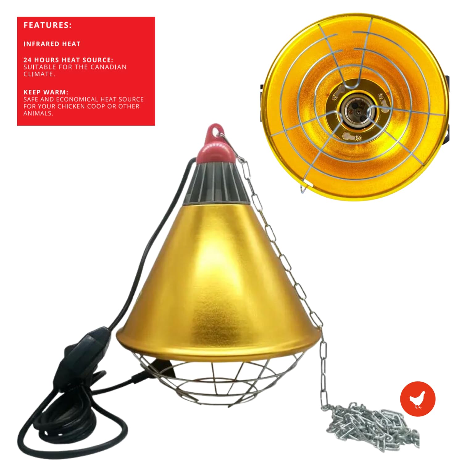 Ma poule express Heat Lamp Bulb with Aluminium Base - 2-Pcs Set of 8-inch Golden Base and 250W Infrared Light Bulb - Heating Sys