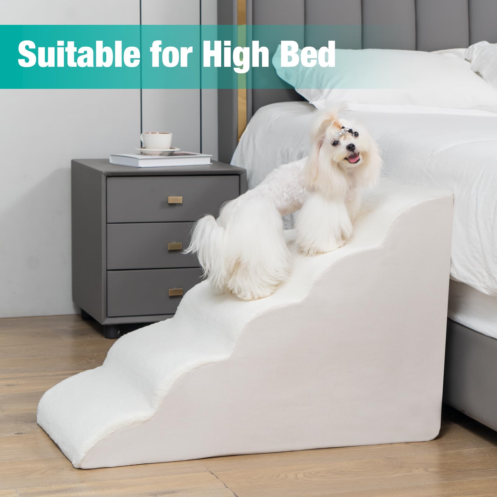 Uross Doggy Stairs For Small Dogs & Cats, High Density Foam Pet Steps Stairs W/ 5 Tiers For High Bed/Couch (Beige)