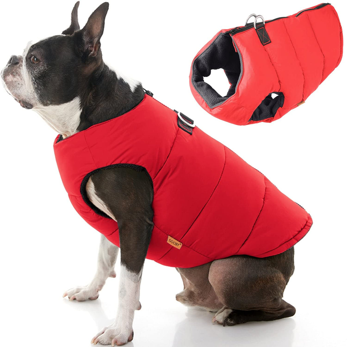 Gooby Padded Vest Dog Jacket - Solid Red, Large - Warm Zip Up Dog Vest Fleece Jacket With Dual D Ring Leash - Winter Water Resistant Small Dog Sweater - Dog Clothes For Small Dogs Boy And Medium Dogs