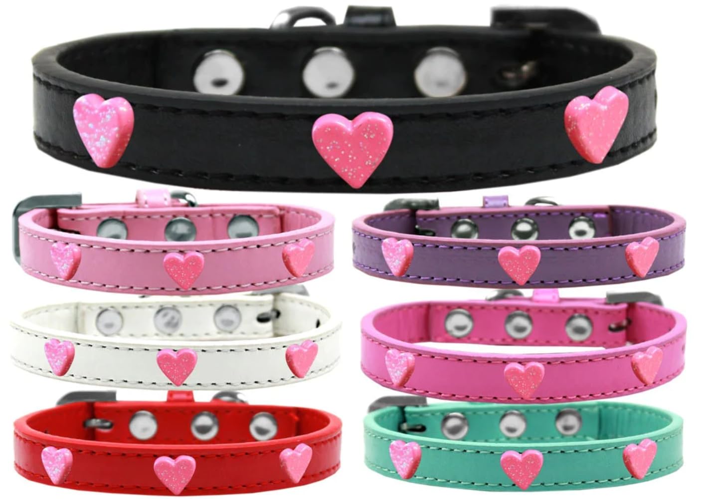 Dog, Puppy & Pet Widget Fashion Collar, Pink Glitter Heart Red 14