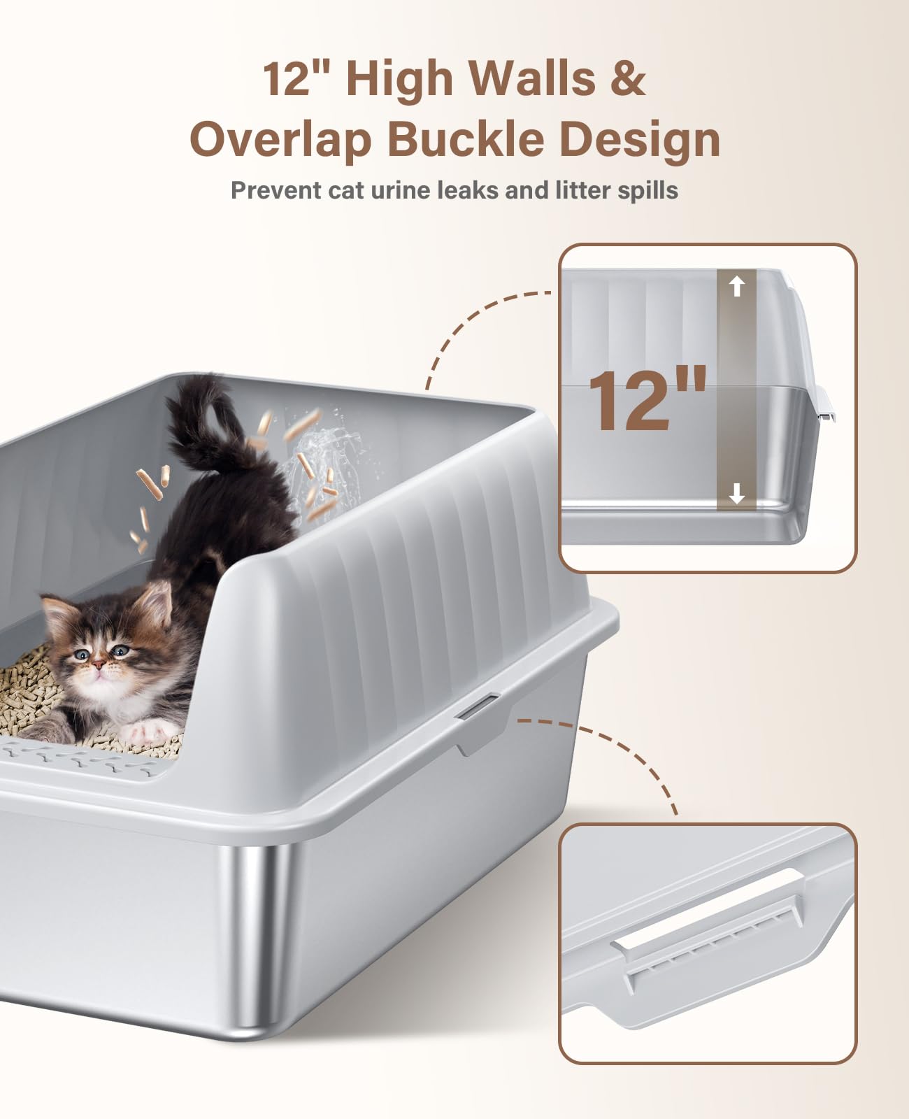 Stainless Steel Litter Box With Lid, Extra Large Metal Litter Box Pan With Scoop For Cats High Sided, Non-Sticky, Anti-Urine Lea