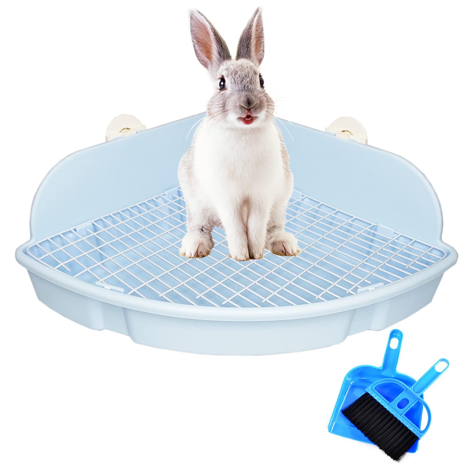 Pinvnby Extra Large Corner Litter Box For Rabbits, Guinea Pigs, Ferrets | 18.3' Fan-Shaped Potty Trainer With Anti-Spill Guard, Durable Plastic & Cage Clips | Easy-Clean Small Animal Toilet Pan (Blue)