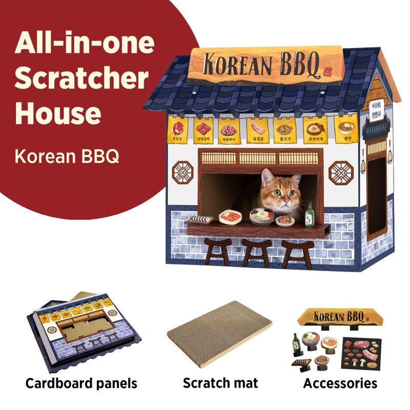 Smile Paws Cat Beds For Indoor Cats, Cardboard Cat House With Scratchers, Korean Bbq, Large Sturdy Cat Furniture Condo Cave Tent