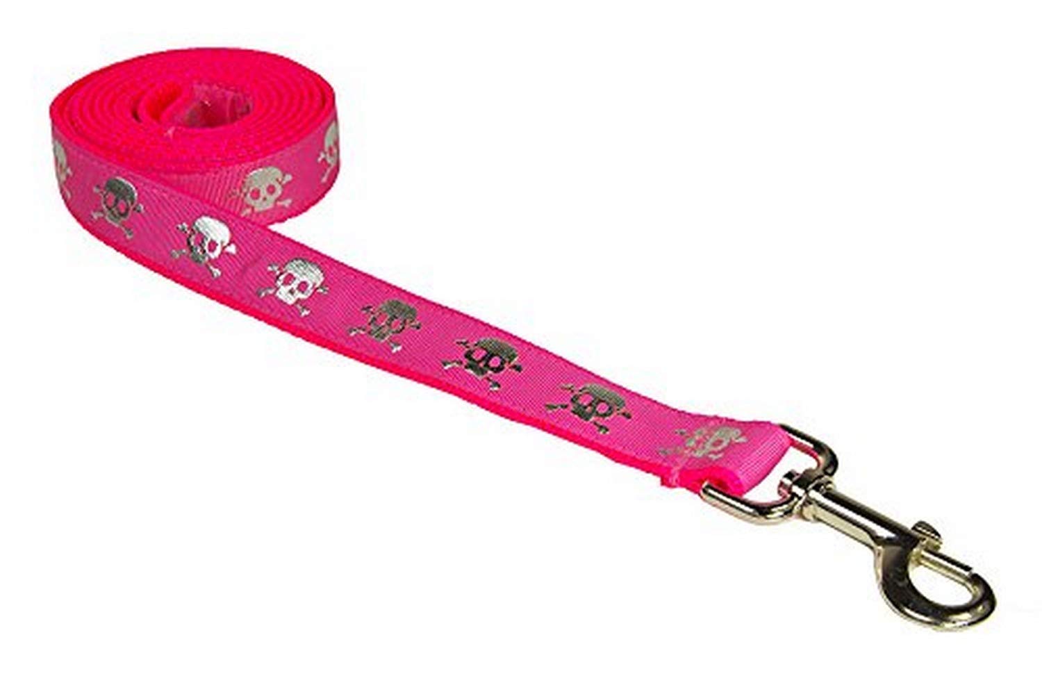 Small Pink Reflective Skull Dog Leash: 3/4 Wide, 4ft Length - Made in USA.