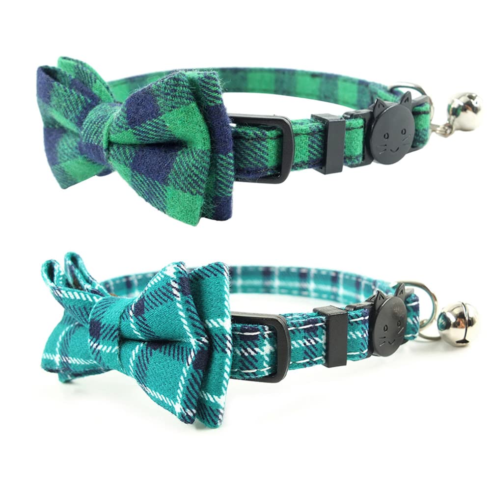Pipidog Cat Collar Breakaway With Bell And Bow Tie, Plaid Design Adjustable Safety Kitty Kitten Collars(6.8-10.8In) (Green&Cyan 