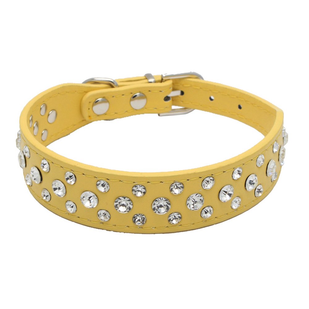 Dogs Kingdom 12''-20'' Length Personalized Rhinestone Leather Bling Crystal Pet Dog Cat Collars For Small Medium Breeds Yellow M