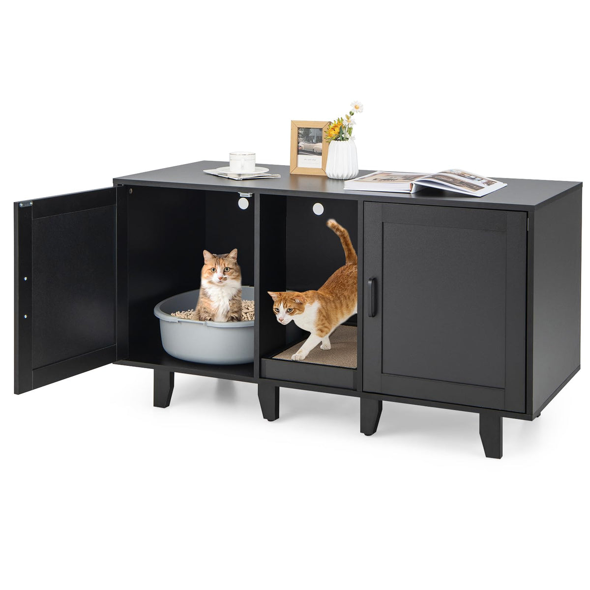 Tangkula Double Cat Litter Box Enclosure For 2 Cats, Large Stackable Hidden Privacy Cat Washroom Cabinet With Scratching Board, Indoor Cat House Tv Stand Side Table, Litter Box Furniture (Black)