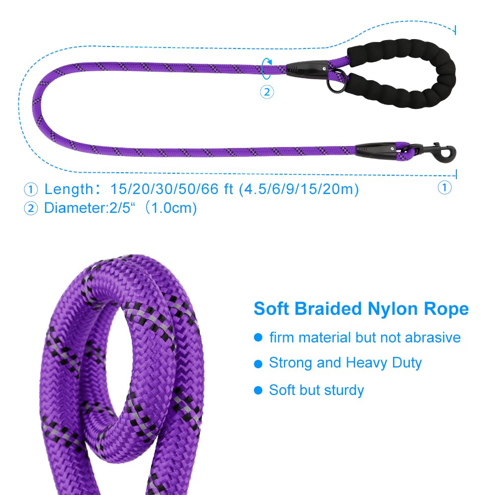 Plutus Pet Long Rope Dog Leash, With Comfortable Padded Handle, Reflective Nylon Heavy Duty Rope Leash, 15Ft 20Ft 30Ft 50Ft 66Ft Dog Training Leash For Small Medium Large Dogs (50Ft, Violet)