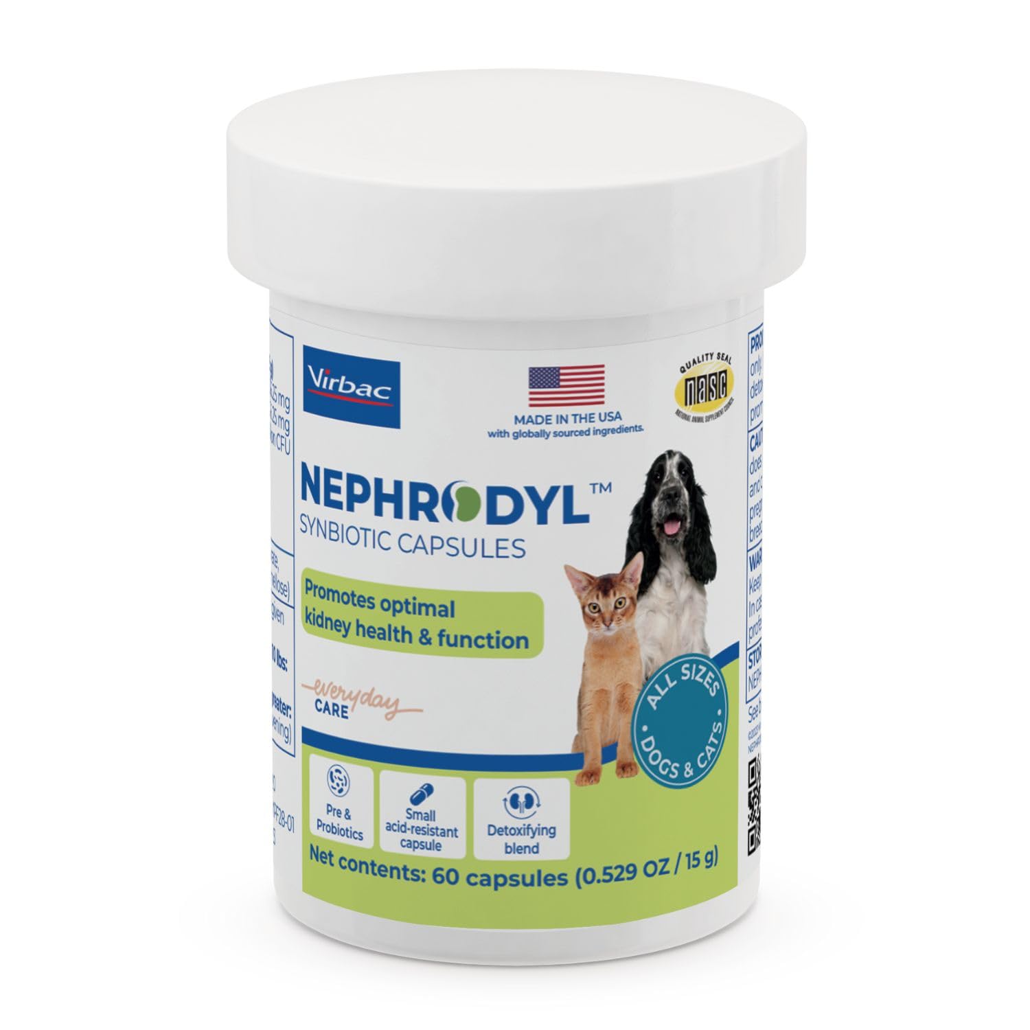 Virbac NEPHRODYL Synbiotic Capsules - Kidney Support Supplement for Cats & Dogs, Probiotics & Prebiotics for Digestive Health, S