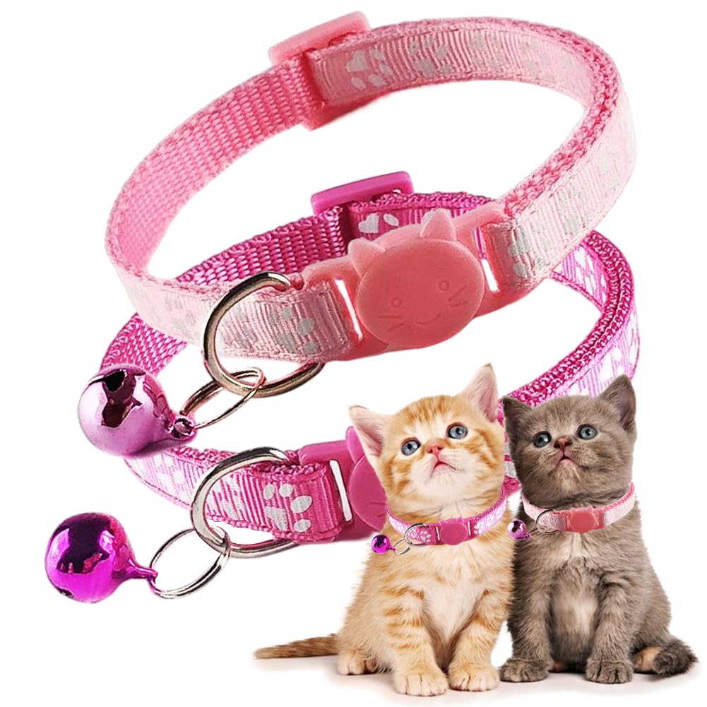 Pink Breakaway Cat Collars With Bells, 2 Pack Break Away Kitten Collar With Bells, Female Cat Collars For Girl Cats Kitty