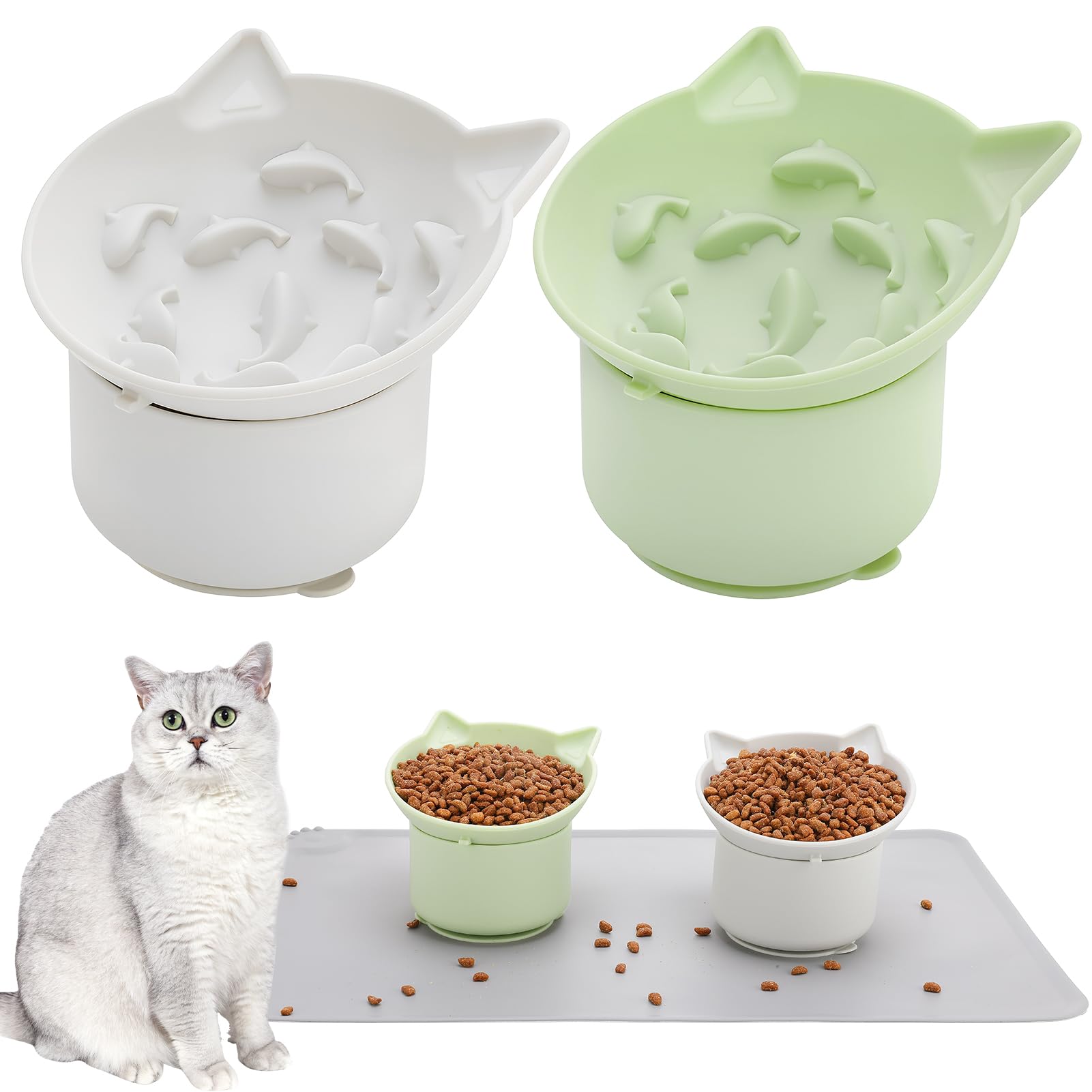 Guiqulai 2 Pack Gray, Green Slow Feeder for Cat Bowls, Silicone Tilted Raised Pet Bowl with Non Slip Base for Digestion Anti Vom