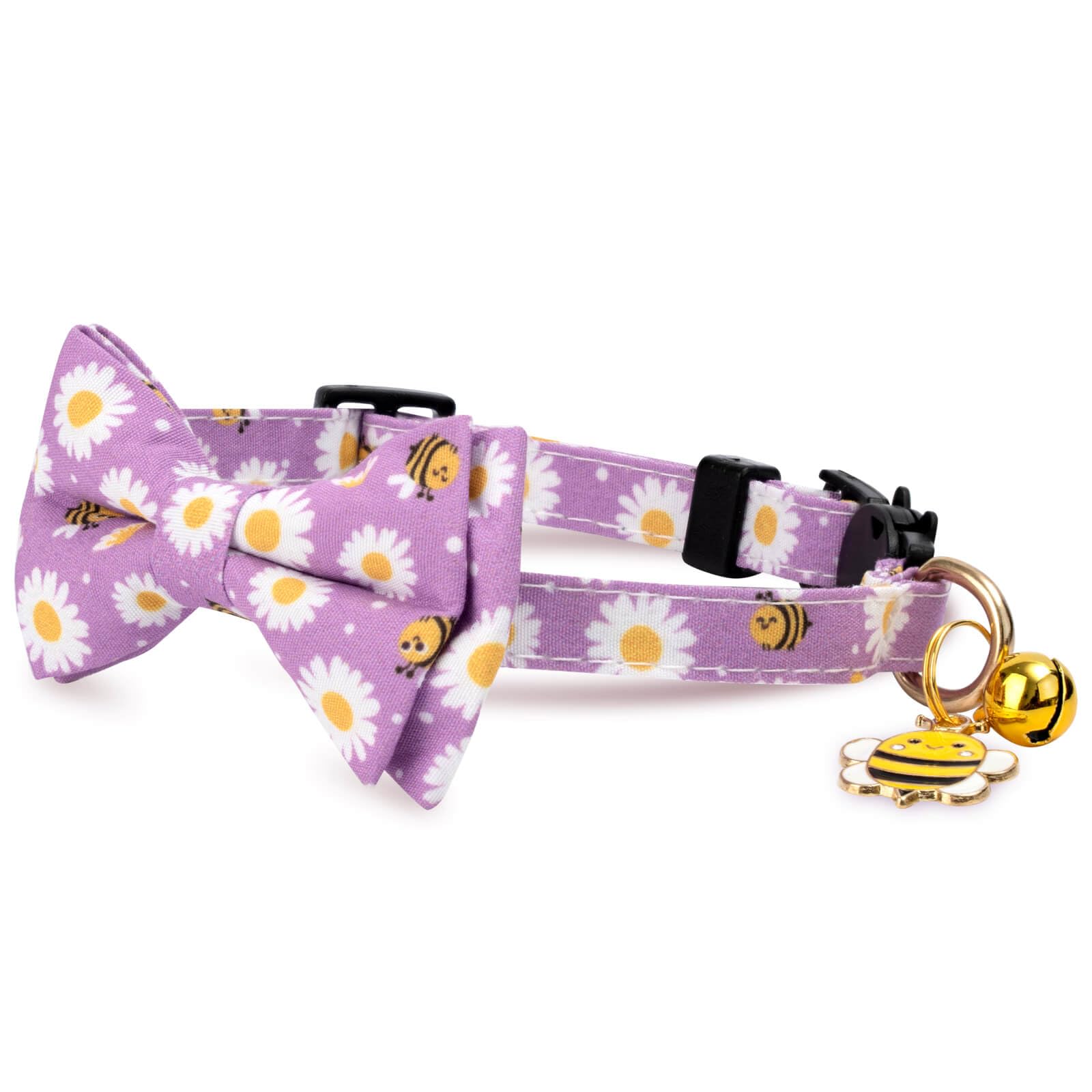 Gelwoo 2 Pack Cotton Cat Collar With Bow Tie And Bell For Male Female Cats,Soft Fancy Breakaway Kitty Kitten Collar With Bee And