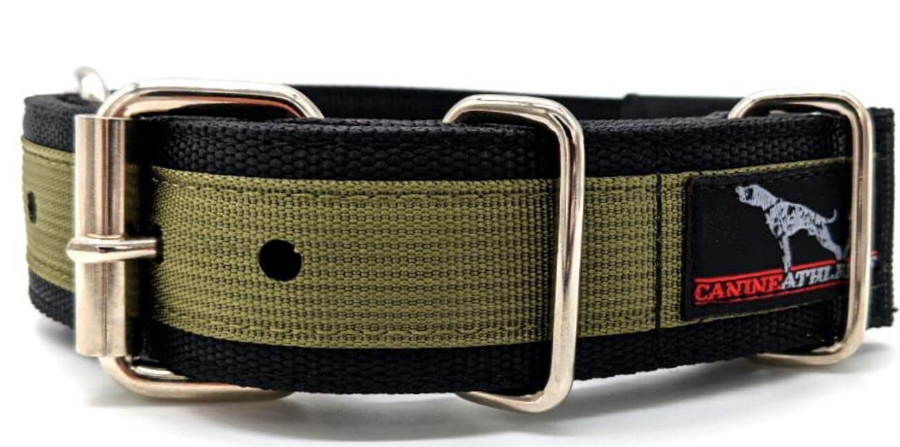 Canine Athletes 1.5'' Pro-Hd 5-Ply Heavy Duty Working Dog Collar Extra Strength Durable (Black/Olive Green, Medium Large)