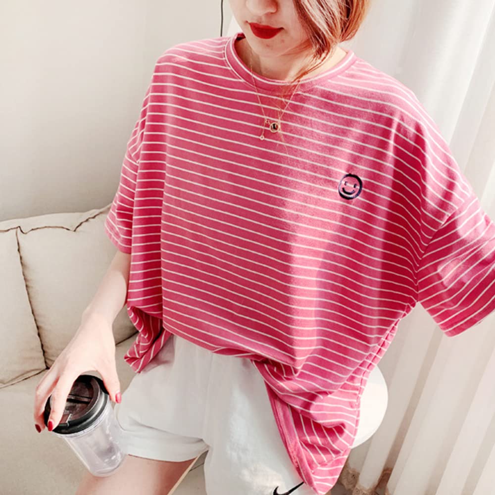 Matching Dog And Owner Clothes,Pink Striped Women Shirt Short Sleeve,Cotton Women Summer Shirt Crewneck,Casual Women T-Shirt Sum