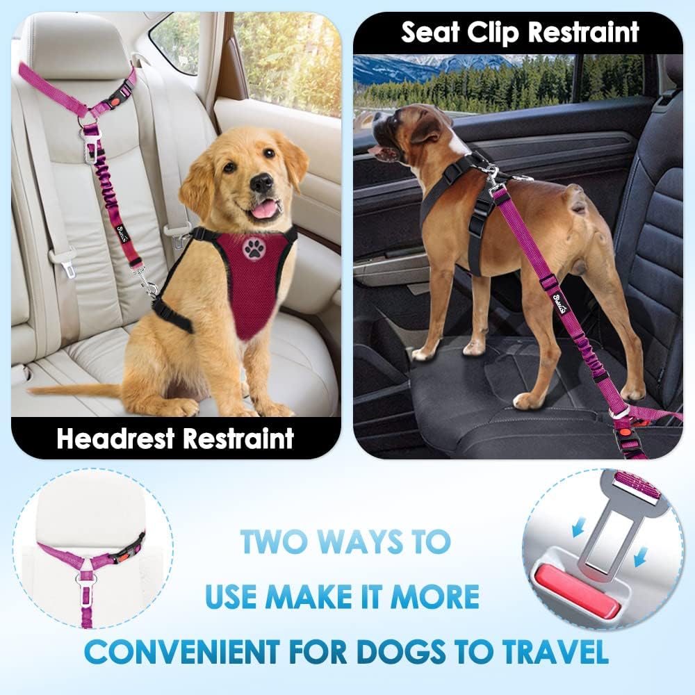Slowton Dog Seat Belt, 2 Pack Harness Seatbelt Adjustable With Elastic Bungee Buffer, 2 In 1 Pet Car Leash Headrest Restraint Re