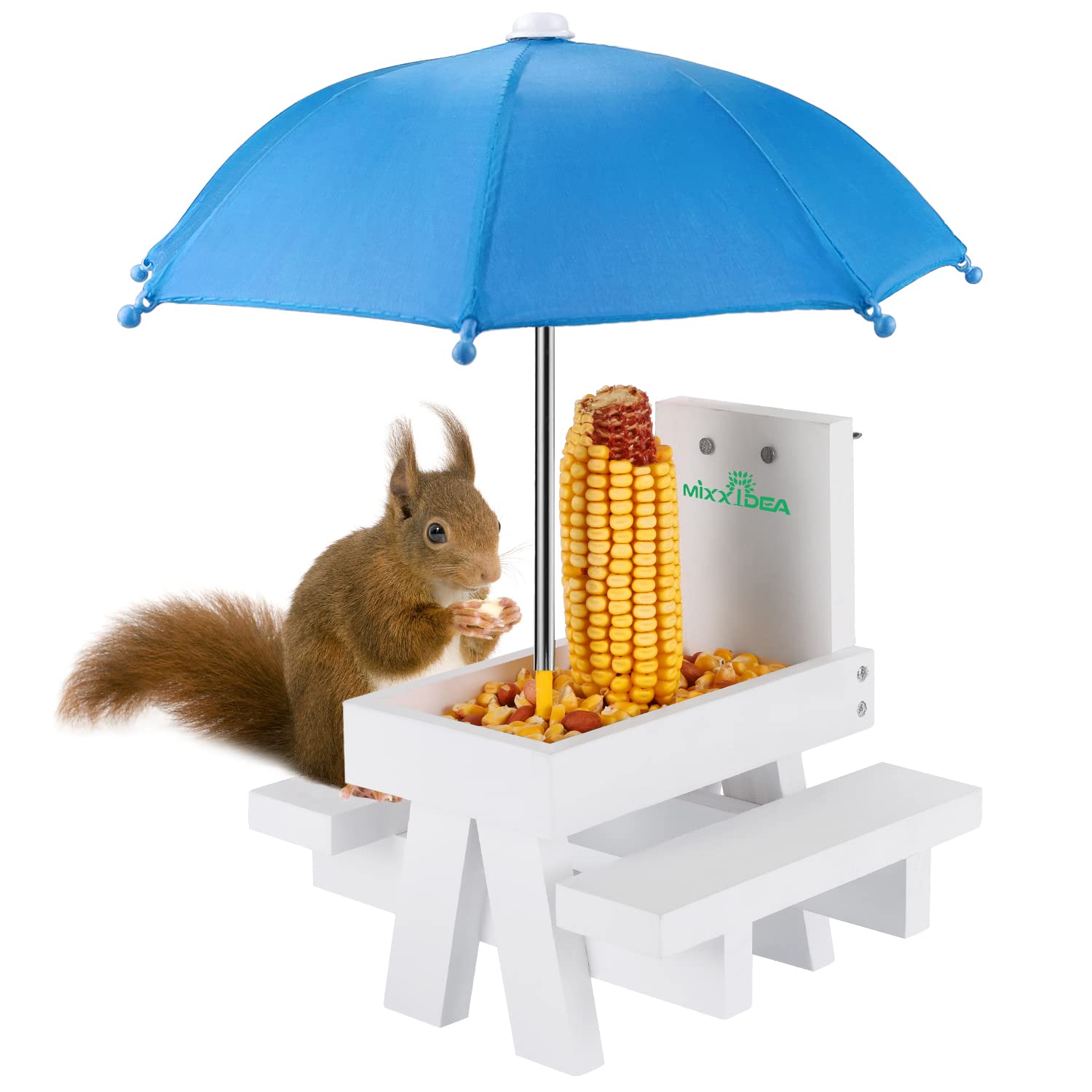 MIXXIDEA Squirrel Feeder Table with Umbrella, Wooden Squirrel Picnic Table Feeder, Durable Squirrel Feeder Corn Cob Holder, with