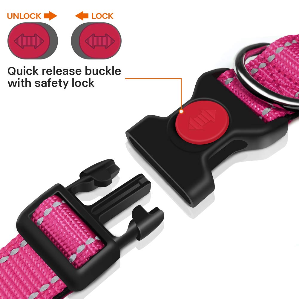 Taglory Reflective Dog Collar With Safety Locking Buckle, Adjustable Nylon Pet Collars For Puppy Dogs, Xs, Hot Pink