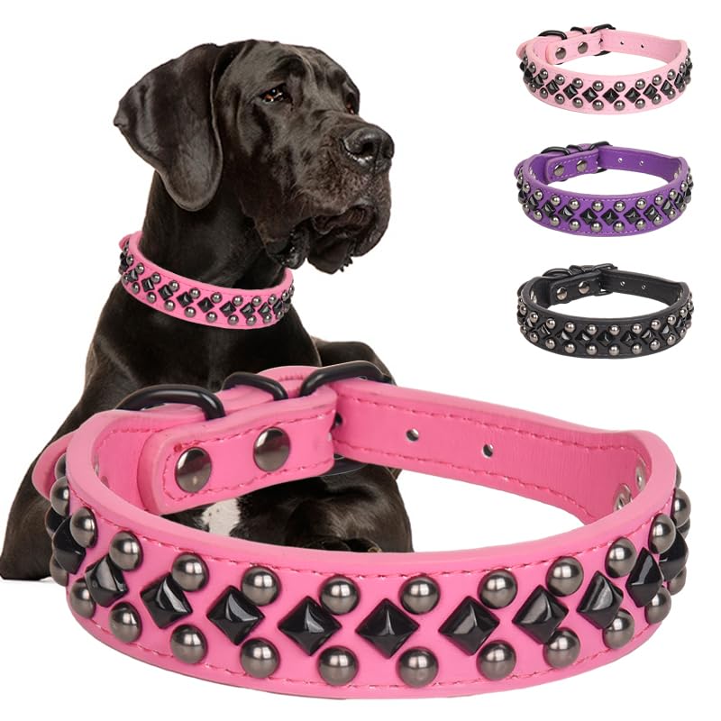 Spiked Studded Dog Collar Soft Pu Leather Spike Dog Collar Adjustable Pet Collars For Small Medium Large Dogs (Hot Pink, M)