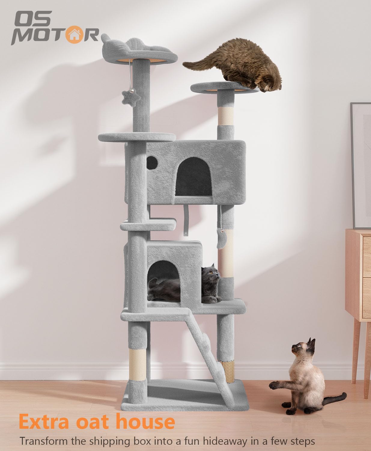 Os Motor 60' Cat Tree Tower For Indoor Cats Large Adult,Cute/Tall Modern Cat Tree For Big Cats 20 Lbs,Plush Multi-Level Cat Con