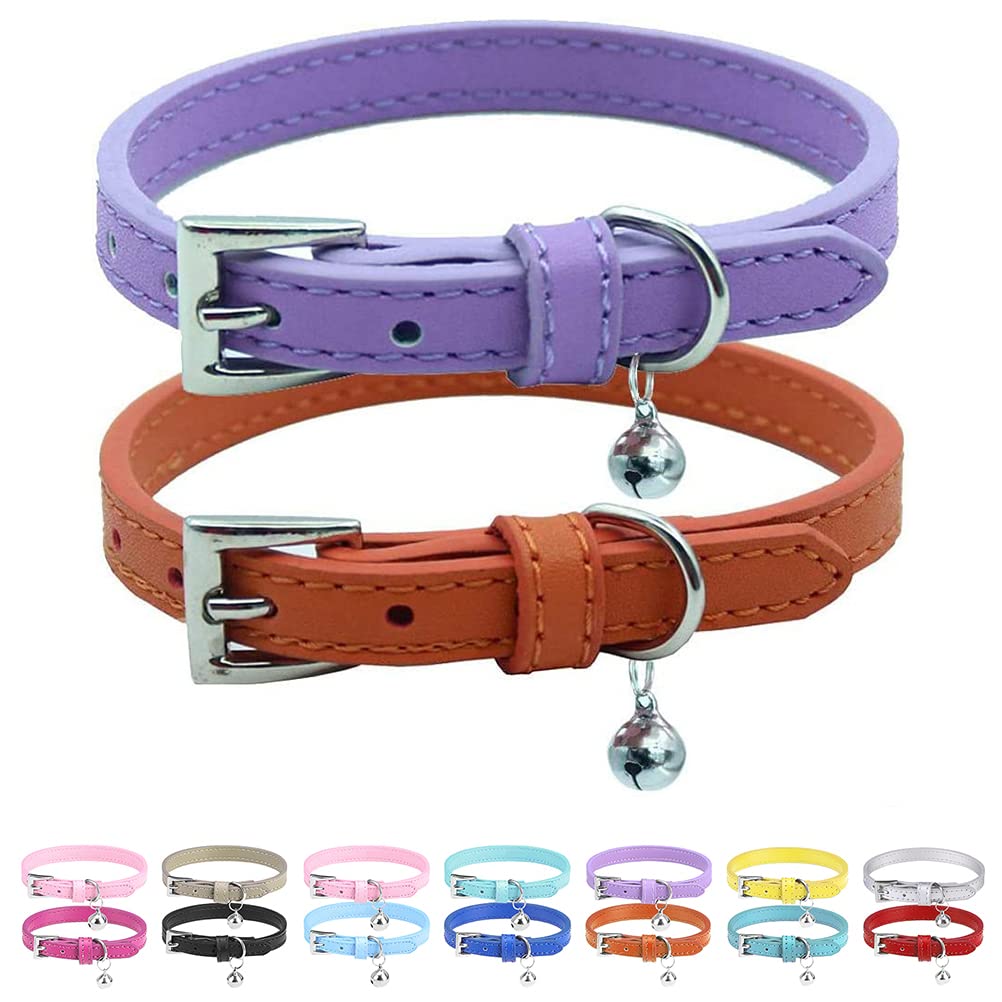 Pupteck 2 Pcs Soft Leather Cat Kitten Collar With Bells Adjustable For Girl Boy Cats Puppy - Orange, Purple