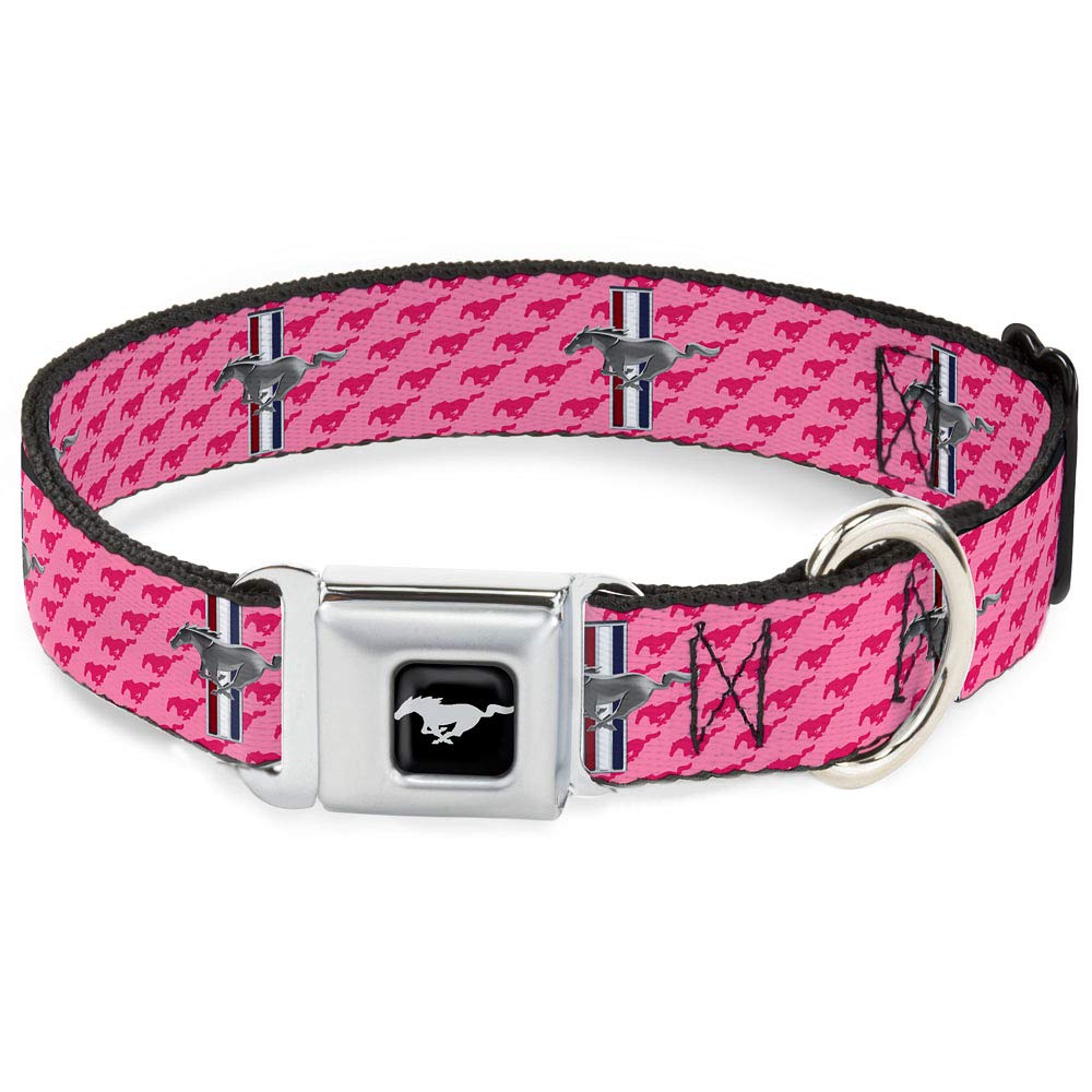 Buckle-Down Dog Collar Seatbelt Buckle Ford Mustang Bars Text Pink Logo Repeat 18 To 32 Inches 1.5 Inch Wide, Dc-Wfm010-Wl
