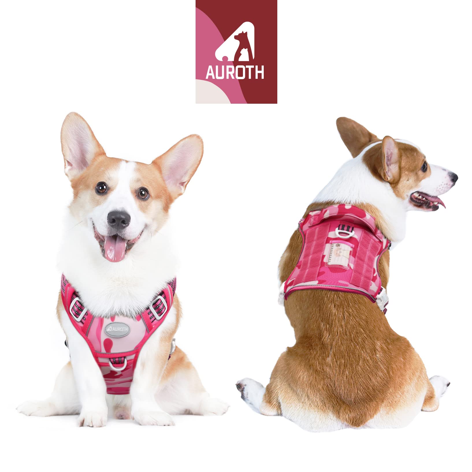 Auroth Tactical Pet Harness For Small Medium Large Dogs No Pull Adjustable, Reflective K9 Working Training Easy Control Vest Military Service Dog, Medium, Pink Camo