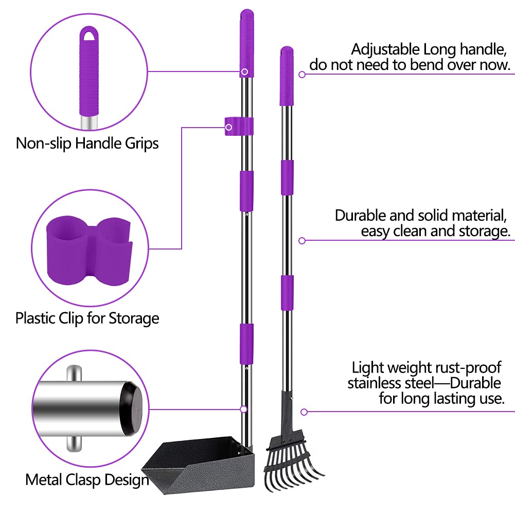 Qimh Upgraded Dog Pooper Scooper Extra Large, Adjustable Long Handle Stainless Metal Pet Poop Tray And Rake Set For Large Medium Small Dogs, Dog Waste Removal Bin Rake, Great For Grass, Street, Gravel