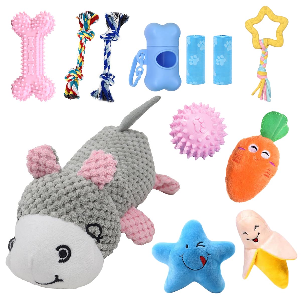 BSISUERM 12 Pack Puppy Toys for Boredom, Squeaky Dog Chew Toys Set with Ropes, Bone Toy and Treat Ball for Small Dogs Teething, 