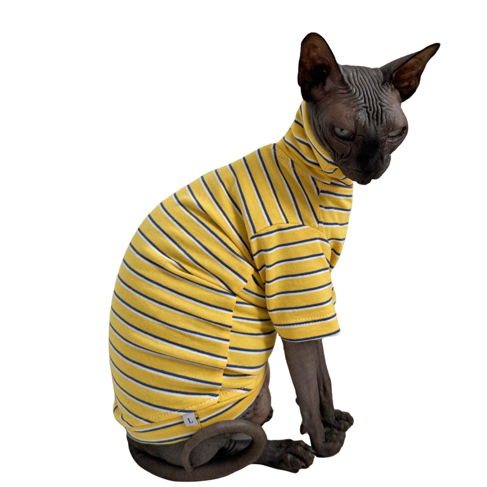 Vintage Stripes Sphynx Hairless Cats Shirt Cotton Cat Turtleneck Pet Clothes Kitten T-Shirts With Sleeves For Sphynx Cornish Rex, Devon Rex, Peterbald (Yellow Stripe, Large (Pack Of 1))