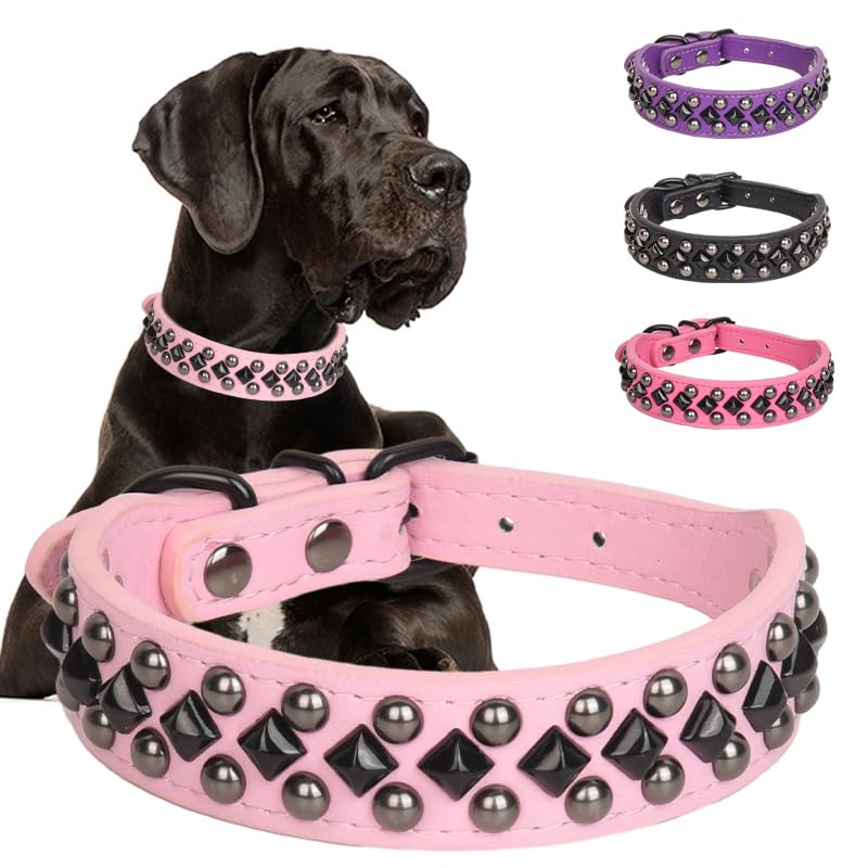 Spiked Studded Dog Collar Soft Pu Leather Spike Dog Collar Adjustable Pet Collars For Small Medium Large Dogs (Pink, L)